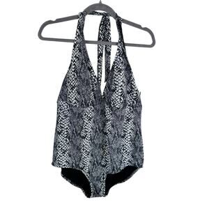 Catalina Black White Snakeskin Print Halter Padded One-Piece Swim Suit Sz 1x 16W